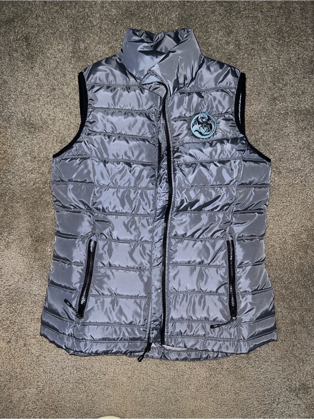 SP Rhodes Equestrian Gray Quilted Puffer Vest with Dragon Patch Small